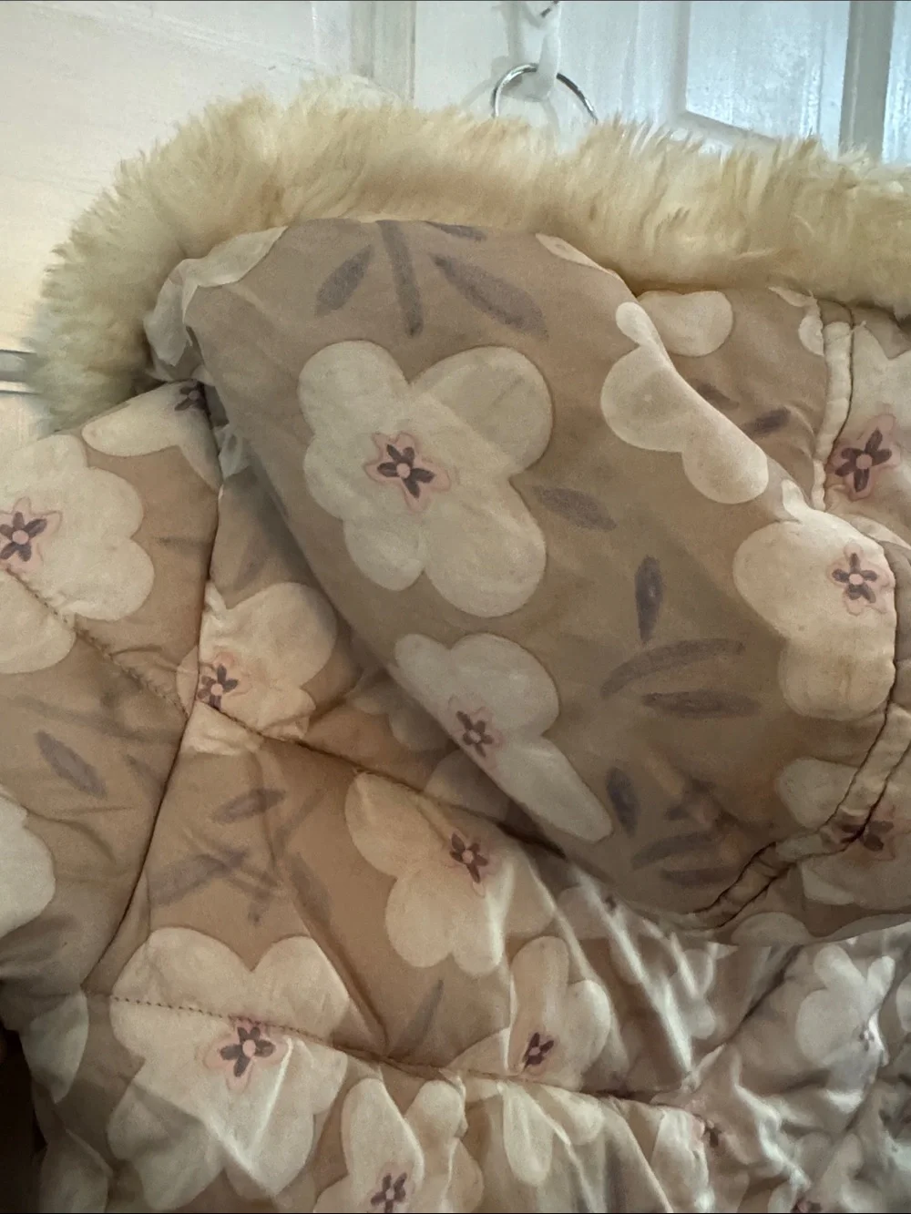 Carter's Beige Floral Puffer Jacket with Faux Fur Hood